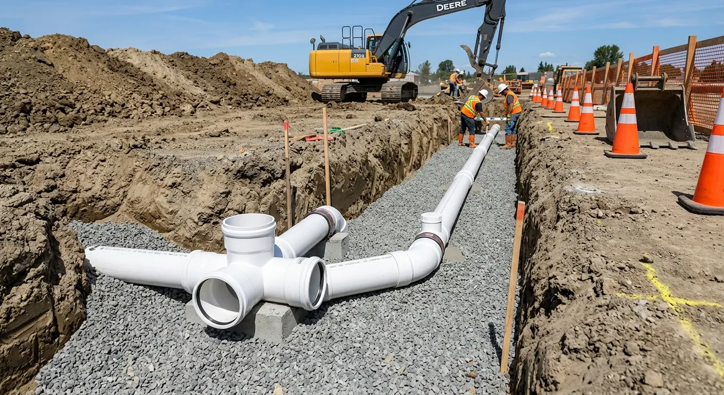New PVC sewer pipe installation in open trench for Sewer Camera Inspection in Middle River