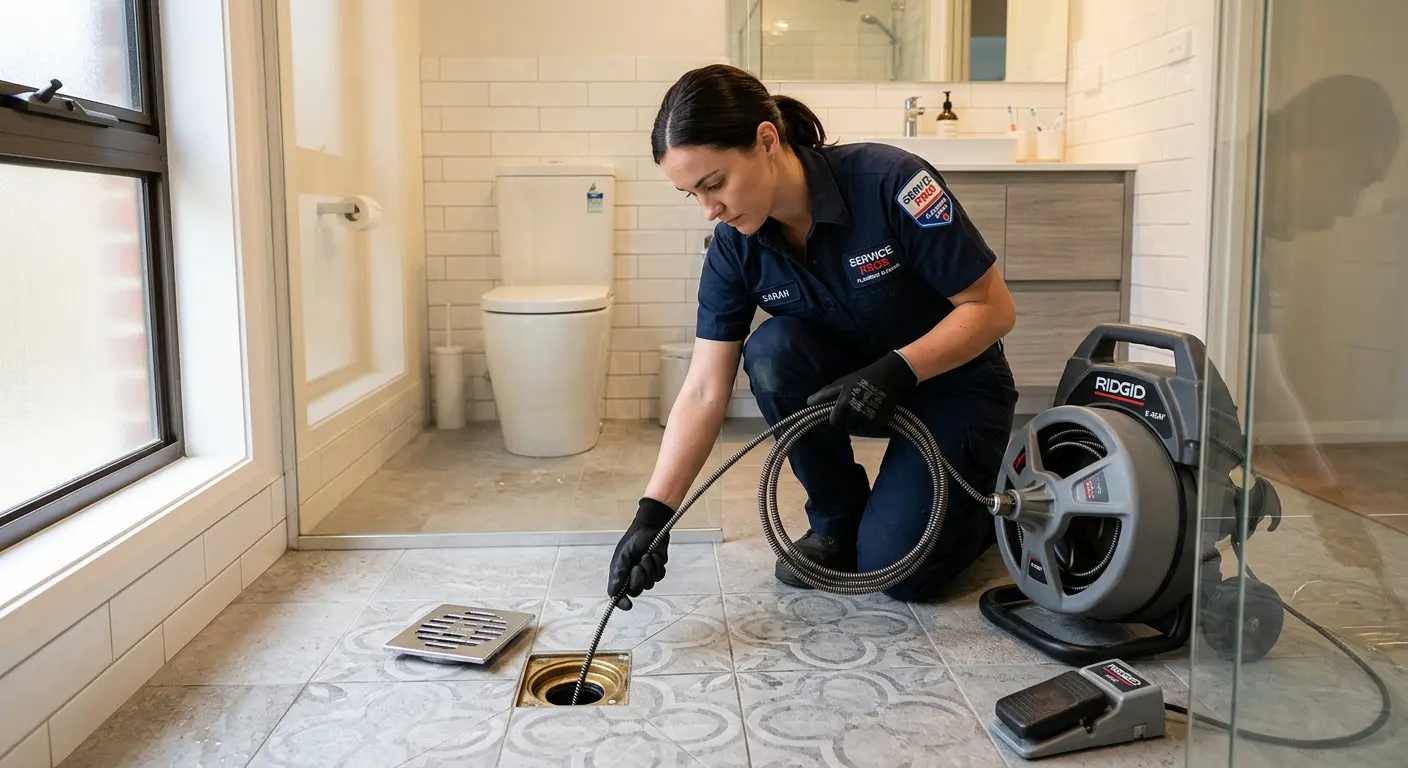 Technician clearing a bathroom floor drain for Hydro Jetting in Middle River